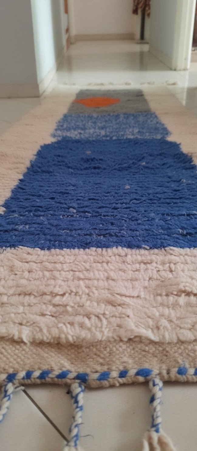 Blue Abstract Rug , Moroccan Runner Rug Hand-Knotted 8 × 2.4 ft - modern abstract Moroccan runner Rug
