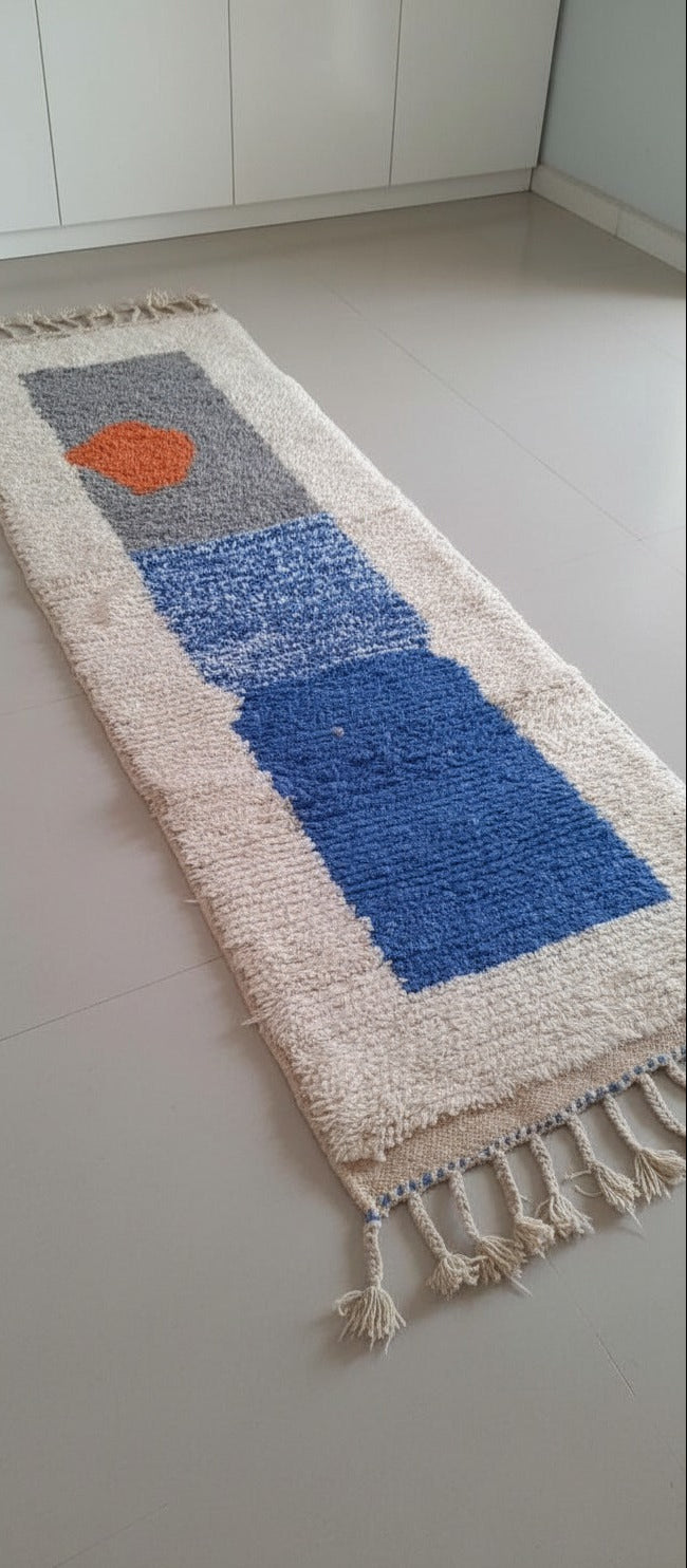 Blue Abstract Rug , Moroccan Runner Rug Hand-Knotted 8 × 2.4 ft - modern abstract Moroccan runner Rug