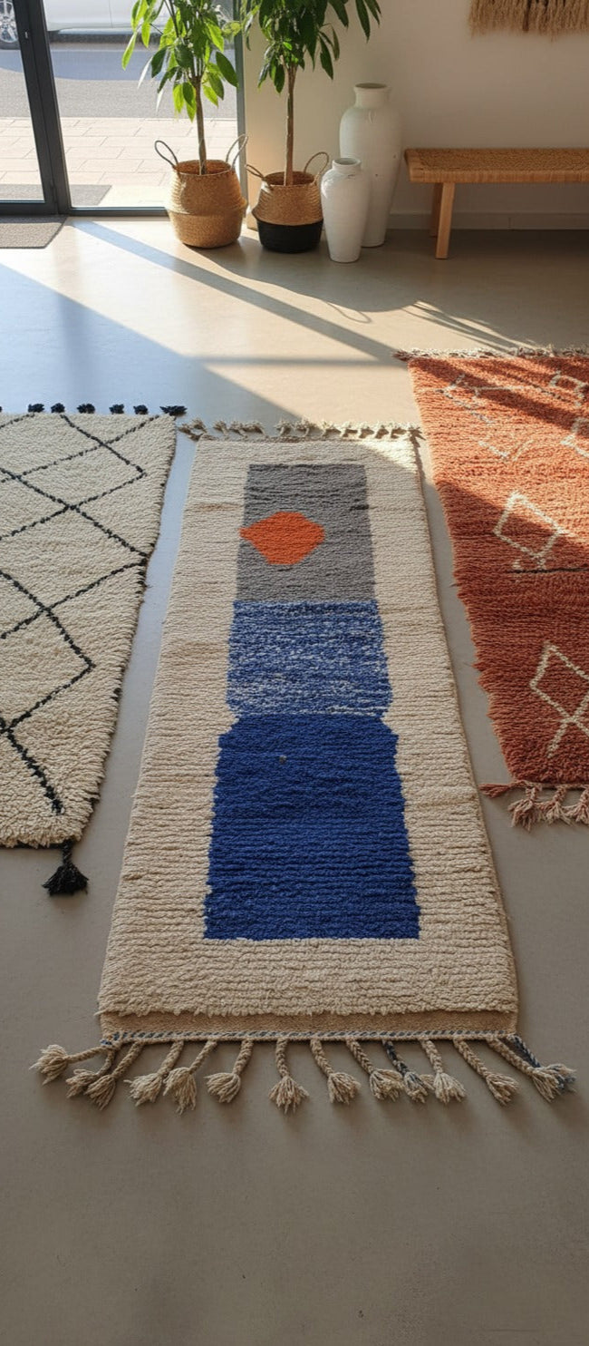 Blue Abstract Rug , Moroccan Runner Rug Hand-Knotted 8 × 2.4 ft - modern abstract Moroccan runner Rug