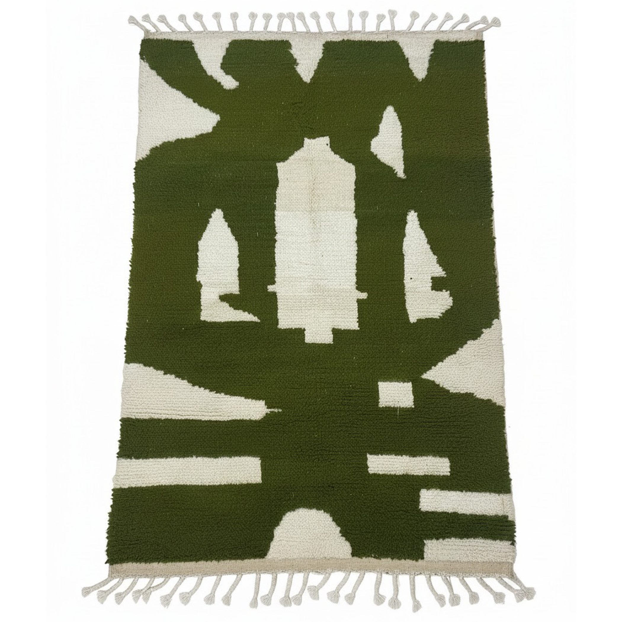 Handmade Moroccan Wool Rug – Green & White Abstract Berber Carpet (4.6 x 8 ft / 1.4 x 2.45 m) – Modern Boho Area Rug