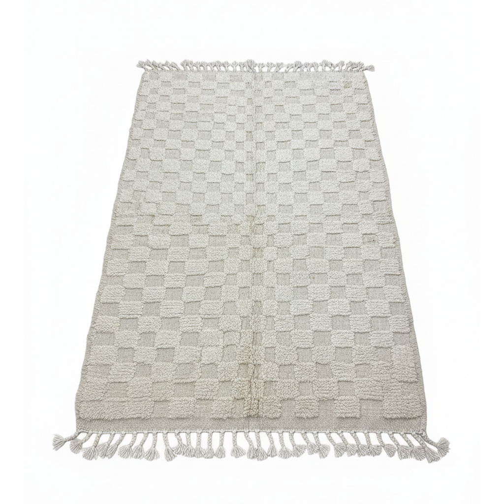 White Area Rug , Handmade Checkered Rugs –  Luxury Carpet Neutral Beige & Cream Rugs for Living room bedroom | 5.24’ × 8.53’  (160 × 260 cm) Boho, Scandinavian & Minimalist Area Rug